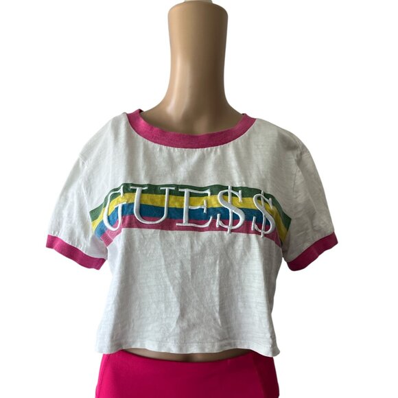 Guess Cropped Pink Striped Size S Rainbow Money T-Shirt - Picture 1 of 8